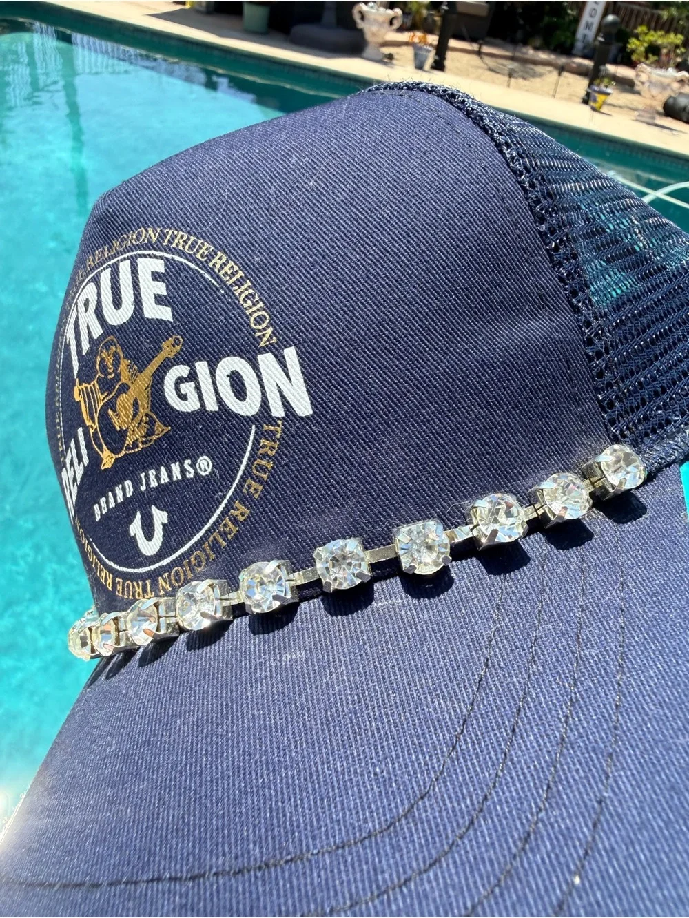 True Religion Navy Blue Logo Baseball Cap with Crystal Chain